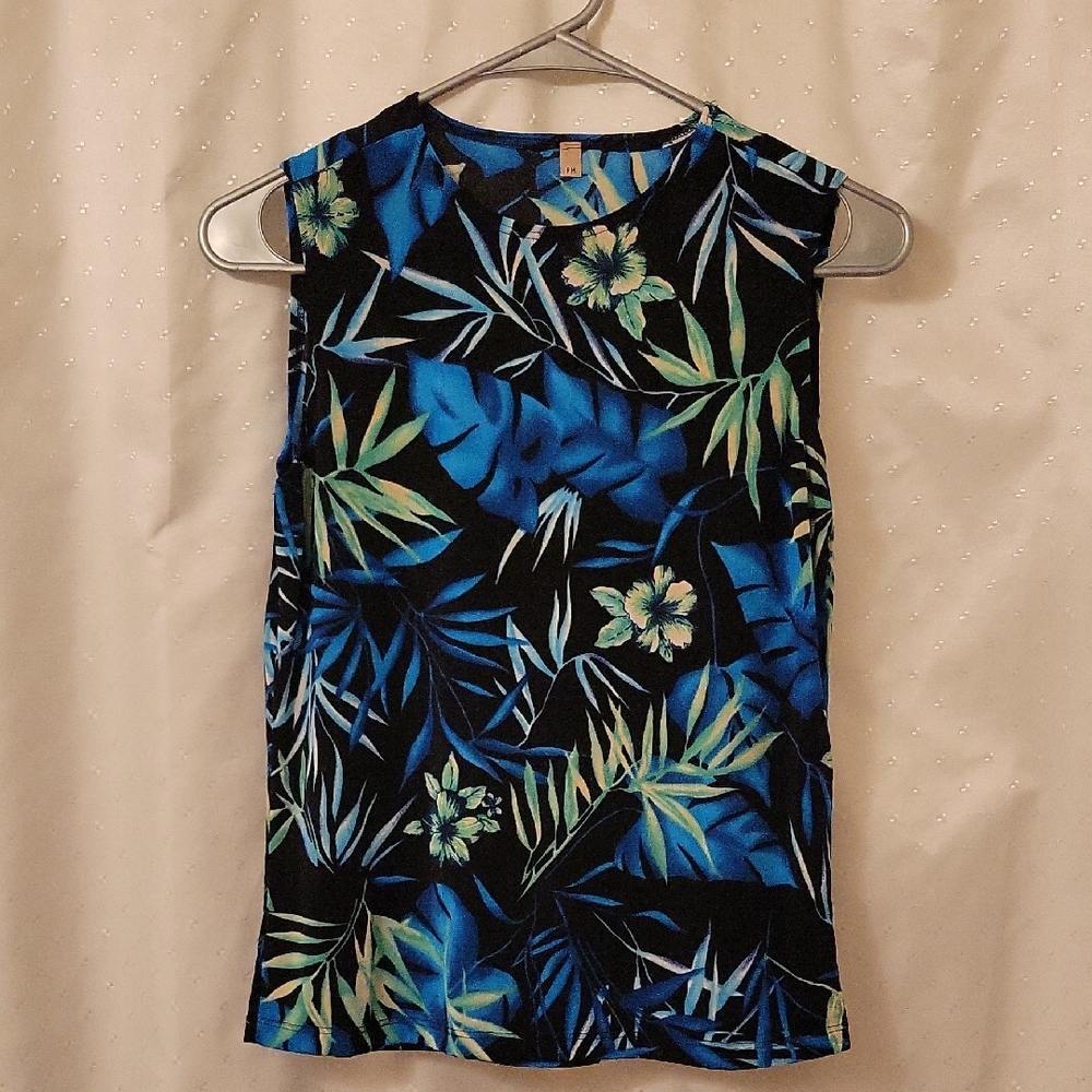 Floral Leaf Print Tank Top - Blue and Black